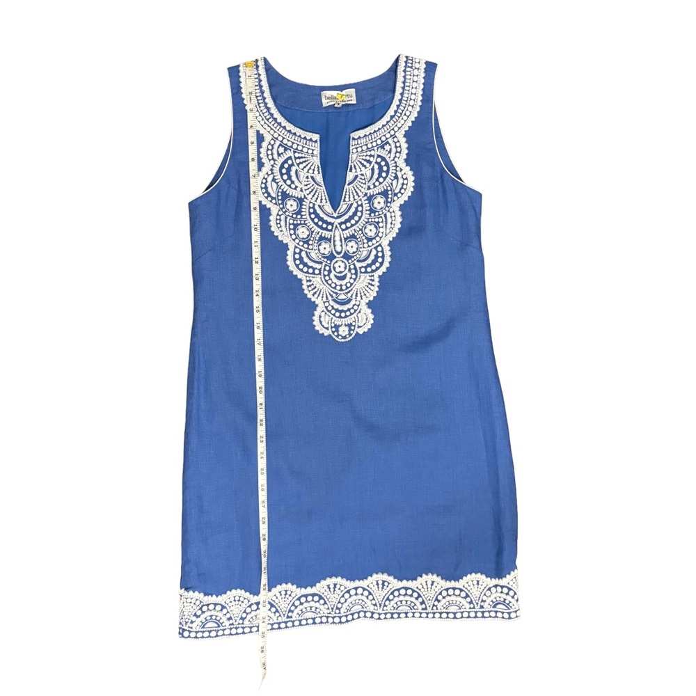 Bella Tu Sleeveless Shift Dress With White Embroidery - 100% linen. - Picture 9 of 10